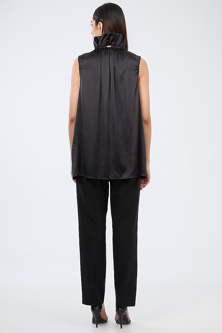 Black Silk Satin Ruffled Sleeveless Top by 431-88 By Shweta Kapur at Pernia's Pop Up Shop