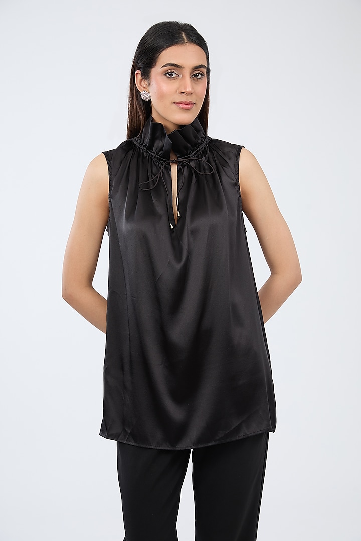 Black Silk Satin Ruffled Sleeveless Top by 431-88 By Shweta Kapur at Pernia's Pop Up Shop