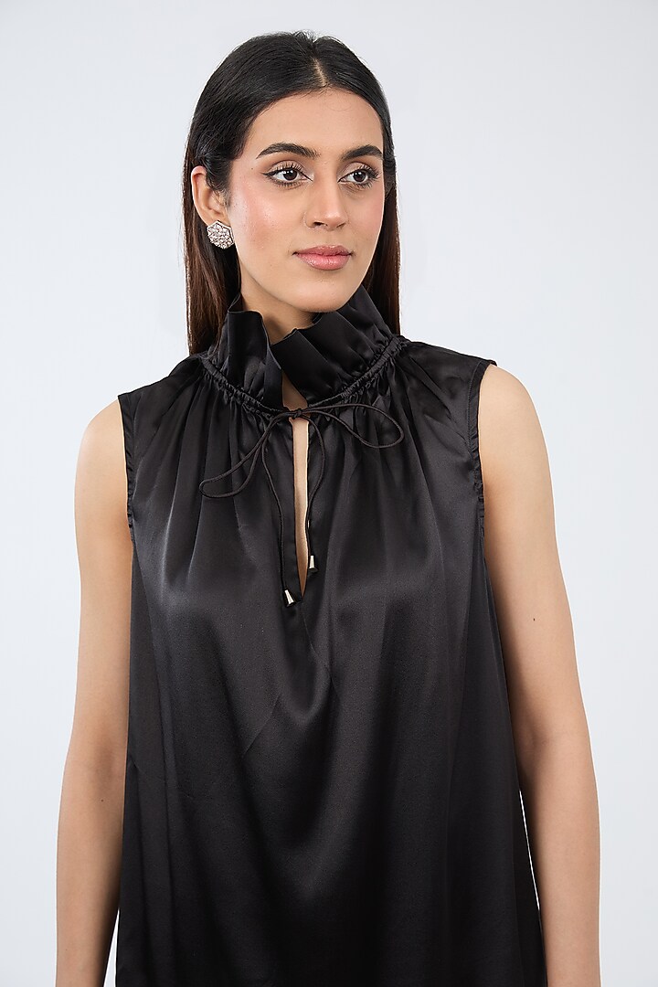 Black Silk Satin Ruffled Sleeveless Top by 431-88 By Shweta Kapur at Pernia's Pop Up Shop