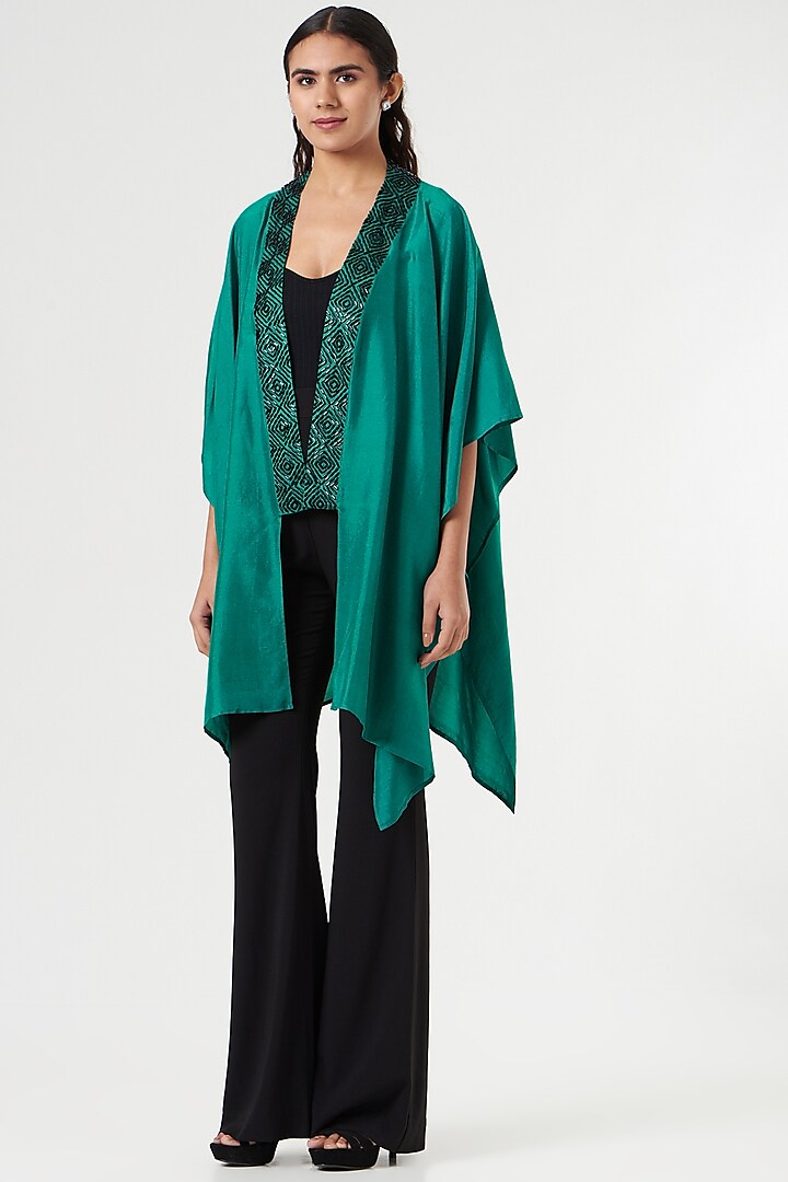 Emerald Green Embroidered Cape by 431-88 By Shweta Kapur at Pernia's Pop Up Shop