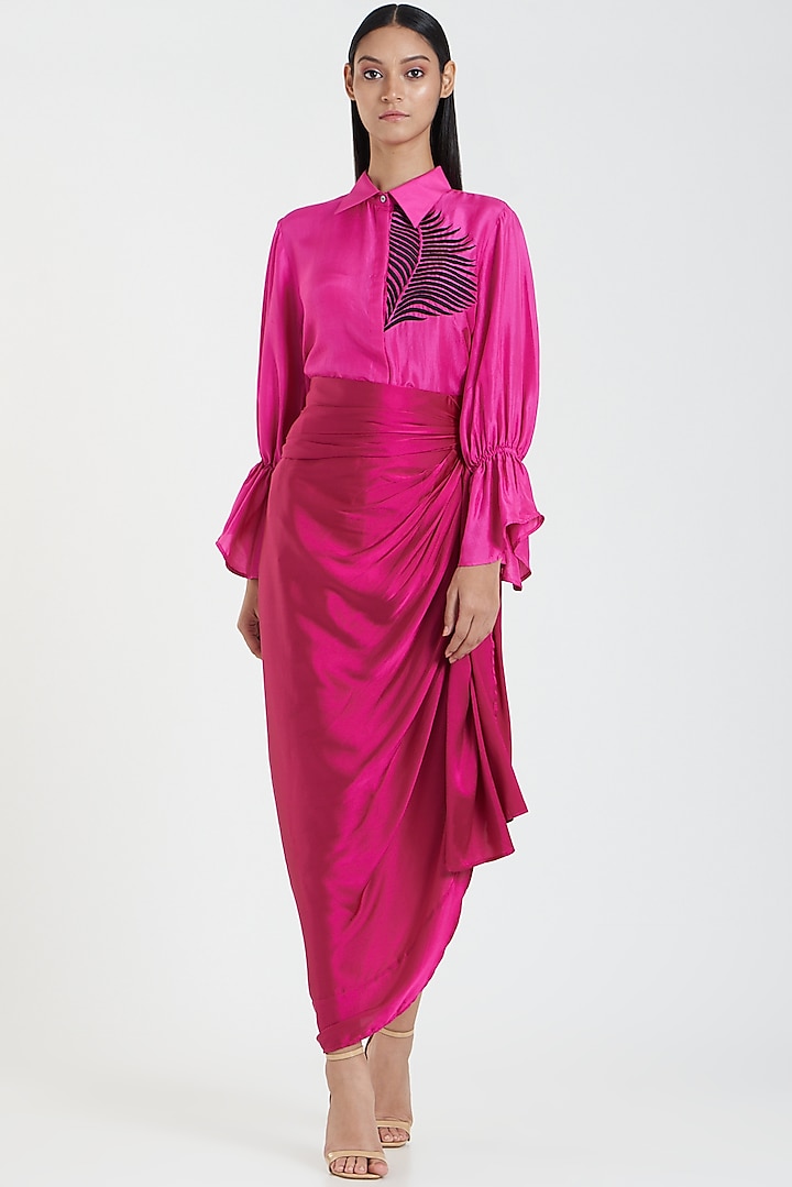 Fuchsia Draped Skirt In Satin by 431-88 By Shweta Kapur