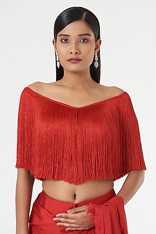 Red Hammered Satin Off-Shoulder Top by 431-88 By Shweta Kapur