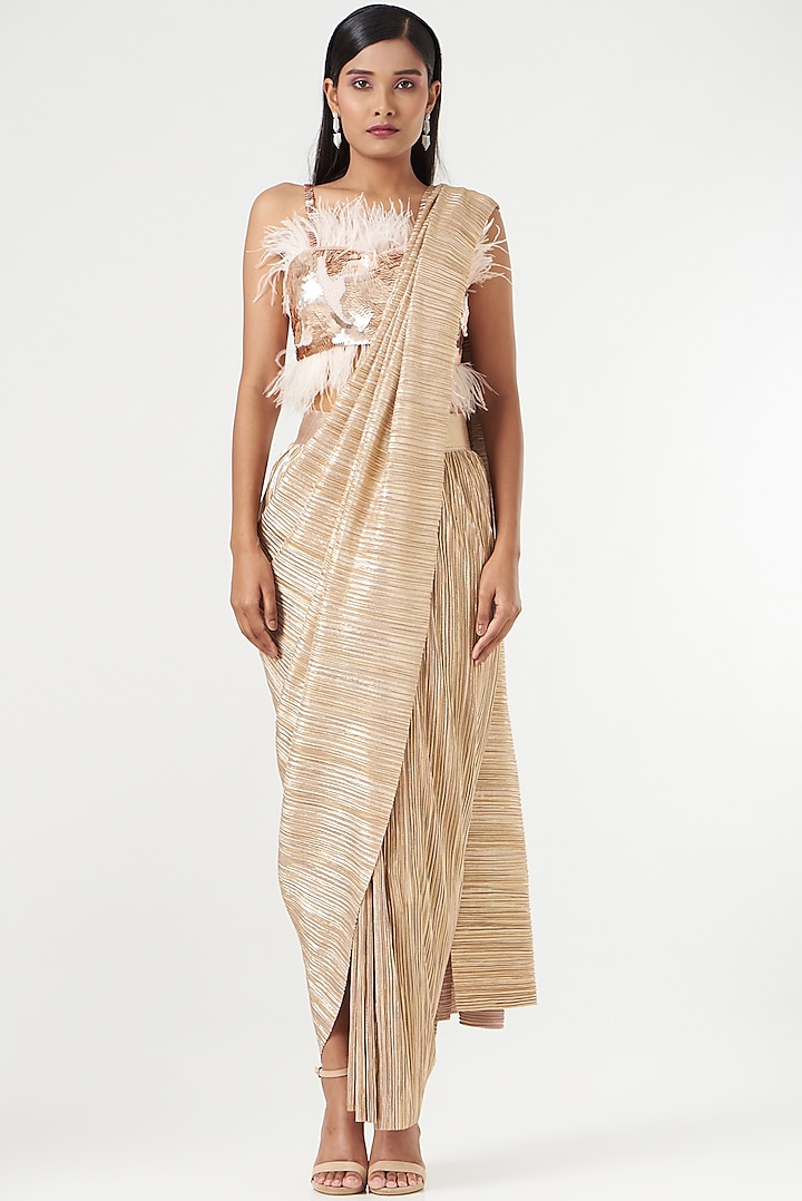 Baby Pink Metallic Pleated Saree Set by 431-88 By Shweta Kapur at Pernia's Pop Up Shop