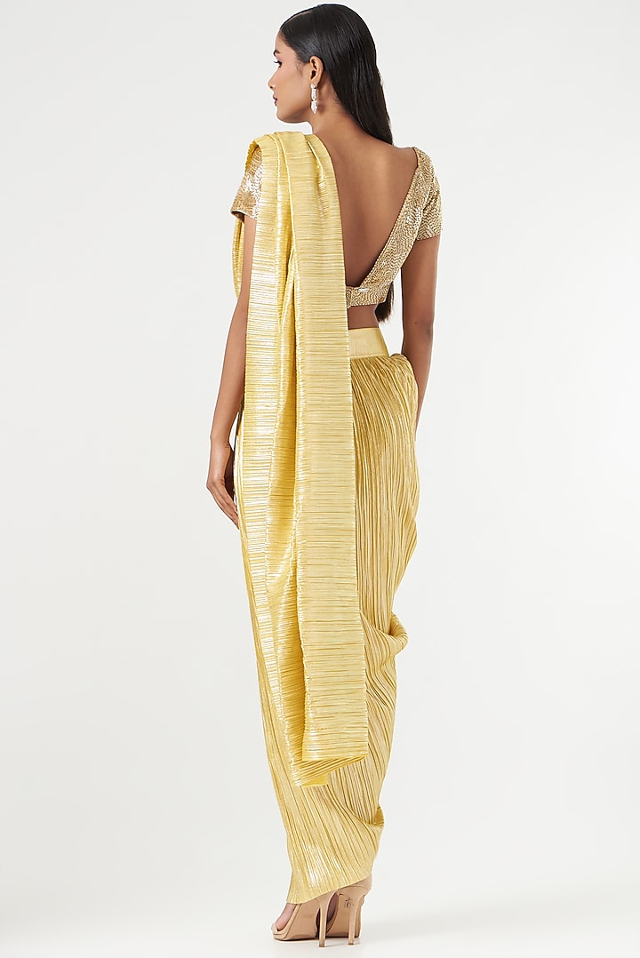 Lemon Gold Metallic Pleated Draped Wedding Saree Set by 431-88 By Shweta Kapur at Pernia's Pop Up Shop