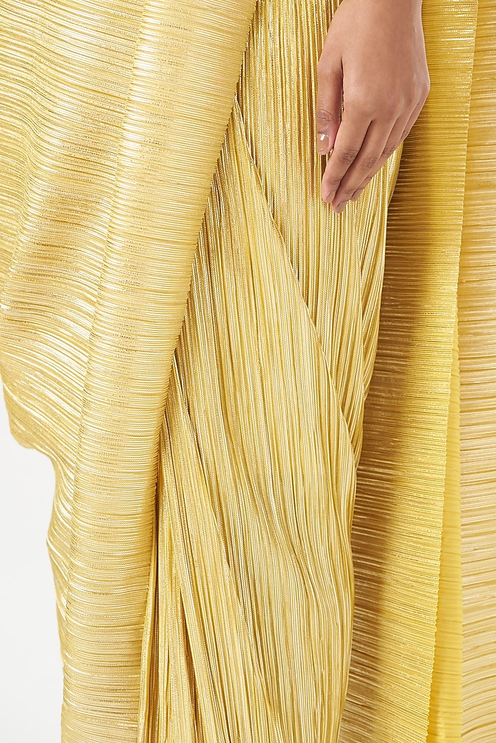 Lemon Gold Metallic Pleated Draped Wedding Saree Set by 431-88 By Shweta Kapur at Pernia's Pop Up Shop