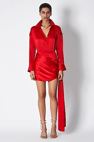 Red Silk Satin Shirt by 431-88 By Shweta Kapur
