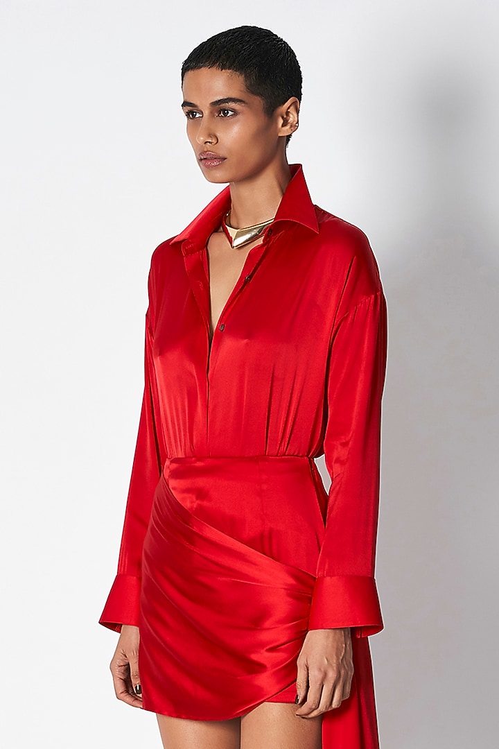 Red Silk Satin Shirt by 431-88 By Shweta Kapur at Pernia's Pop Up Shop