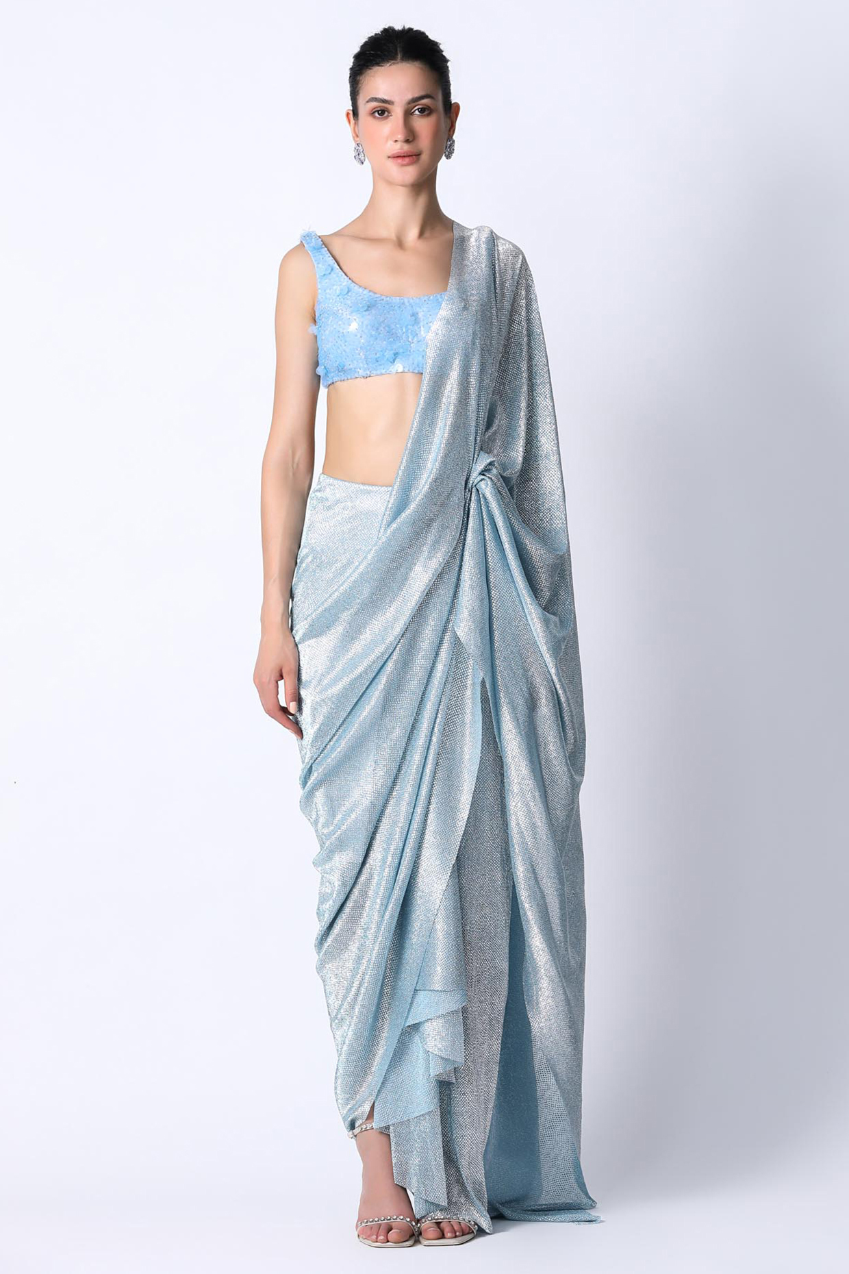 Ice Blue Foiled Net Party Wear Saree by 431-88 By Shweta Kapur at Pernia's Pop Up Shop
