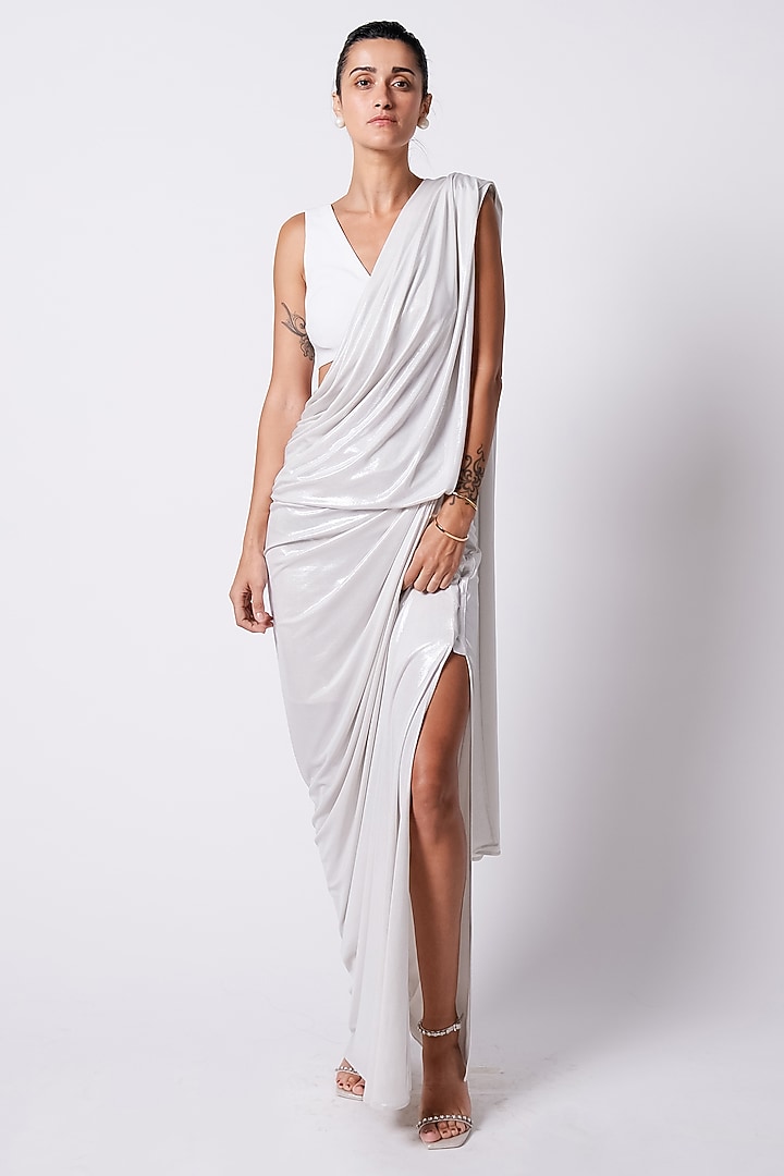 Ecru Liquid Jersey Wedding Saree by 431-88 By Shweta Kapur at Pernia's Pop Up Shop