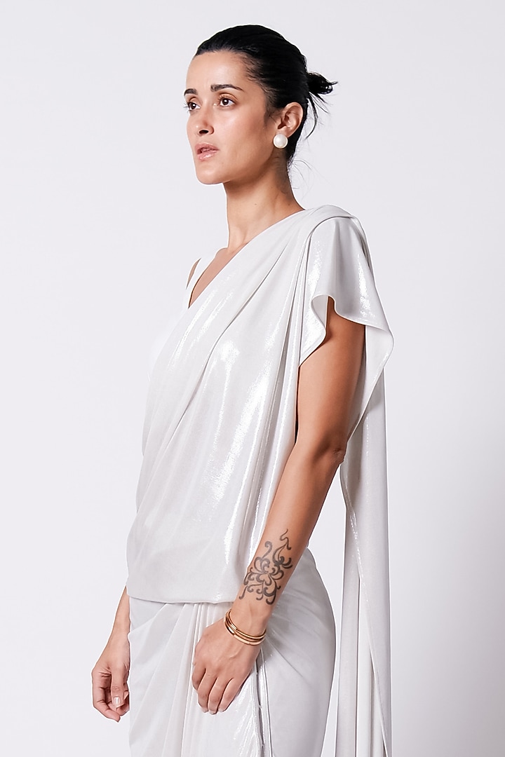 Ecru Liquid Jersey Wedding Saree by 431-88 By Shweta Kapur at Pernia's Pop Up Shop