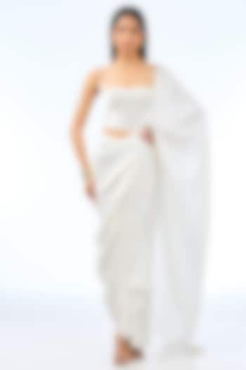 White Silk Pre-Draped Godet Saree by 431-88 By Shweta Kapur at Pernia's Pop Up Shop