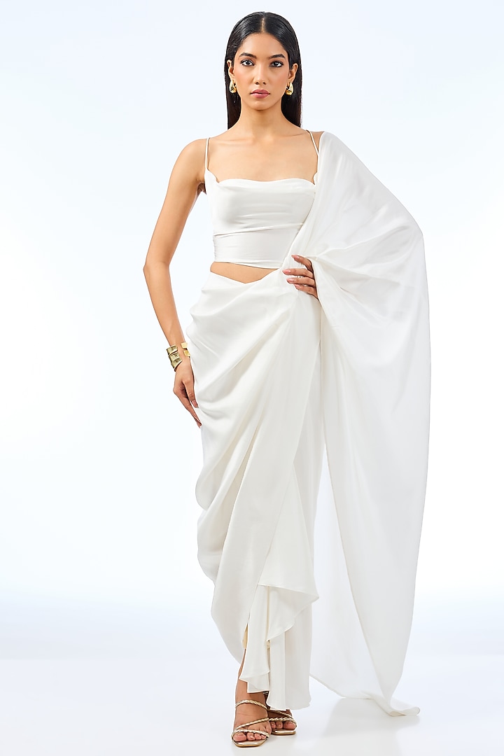 White Silk Pre-Draped Godet Saree by 431-88 By Shweta Kapur at Pernia's Pop Up Shop