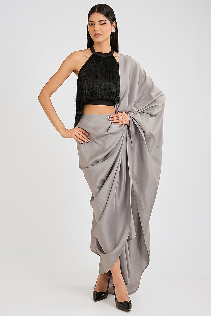 Grey Silk Pre-Draped Godet Wedding Saree by 431-88 By Shweta Kapur at Pernia's Pop Up Shop