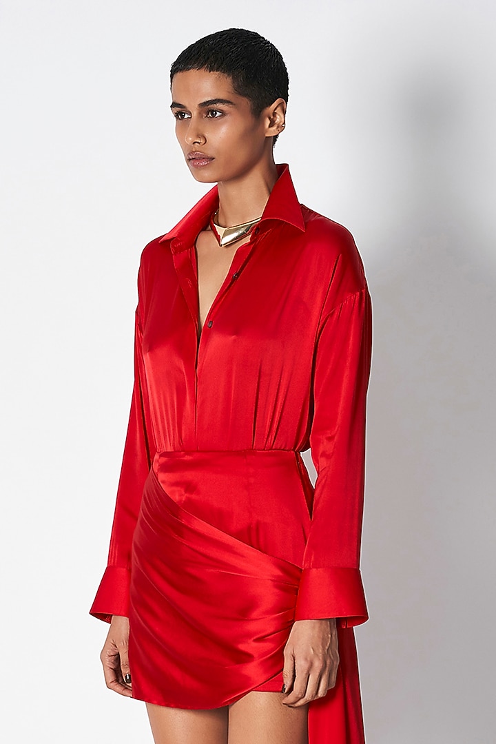 Red Silk Satin Skirt by 431-88 By Shweta Kapur at Pernia's Pop Up Shop