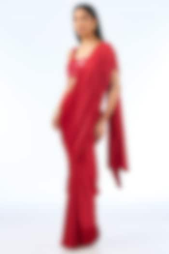 Red Satin Fringe Pre-Draped Saree by 431-88 By Shweta Kapur at Pernia's Pop Up Shop