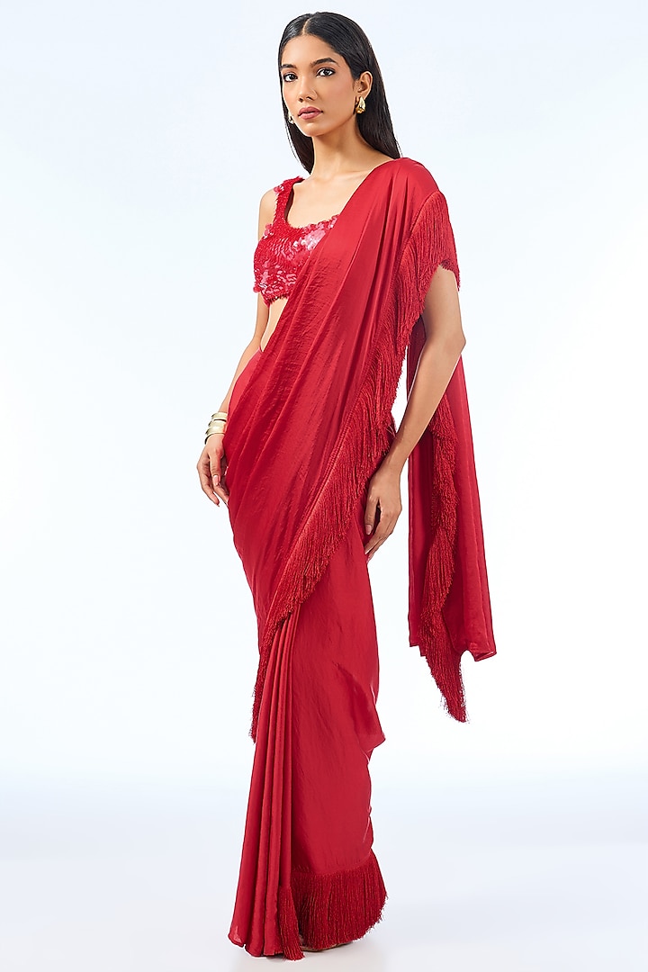 Red Satin Fringe Pre-Draped Saree by 431-88 By Shweta Kapur at Pernia's Pop Up Shop