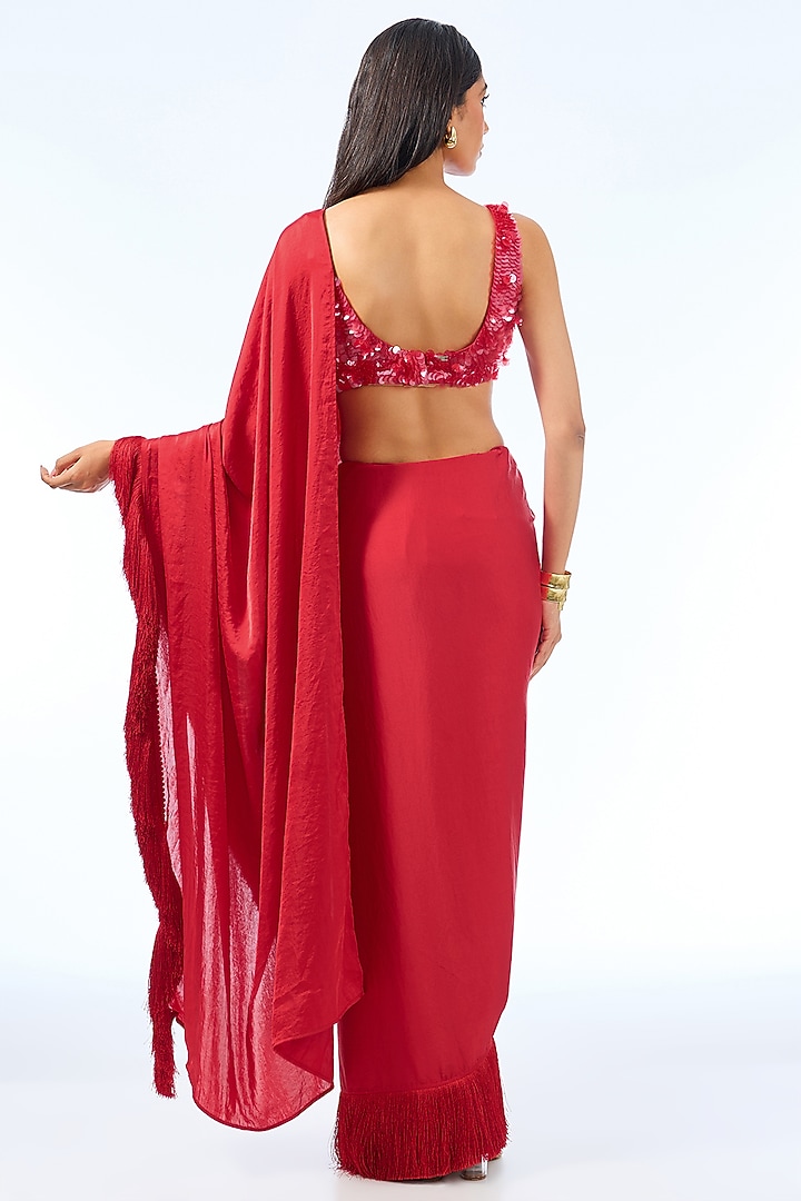 Red Satin Fringe Pre-Draped Party Wear Saree by 431-88 By Shweta Kapur at Pernia's Pop Up Shop