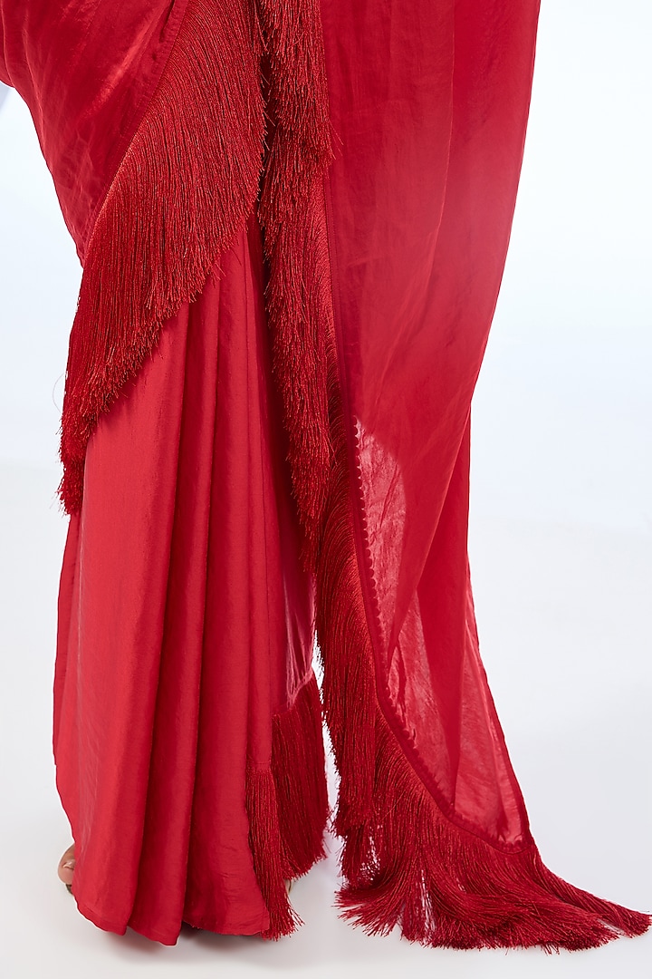 Red Satin Fringe Pre-Draped Party Wear Saree by 431-88 By Shweta Kapur at Pernia's Pop Up Shop