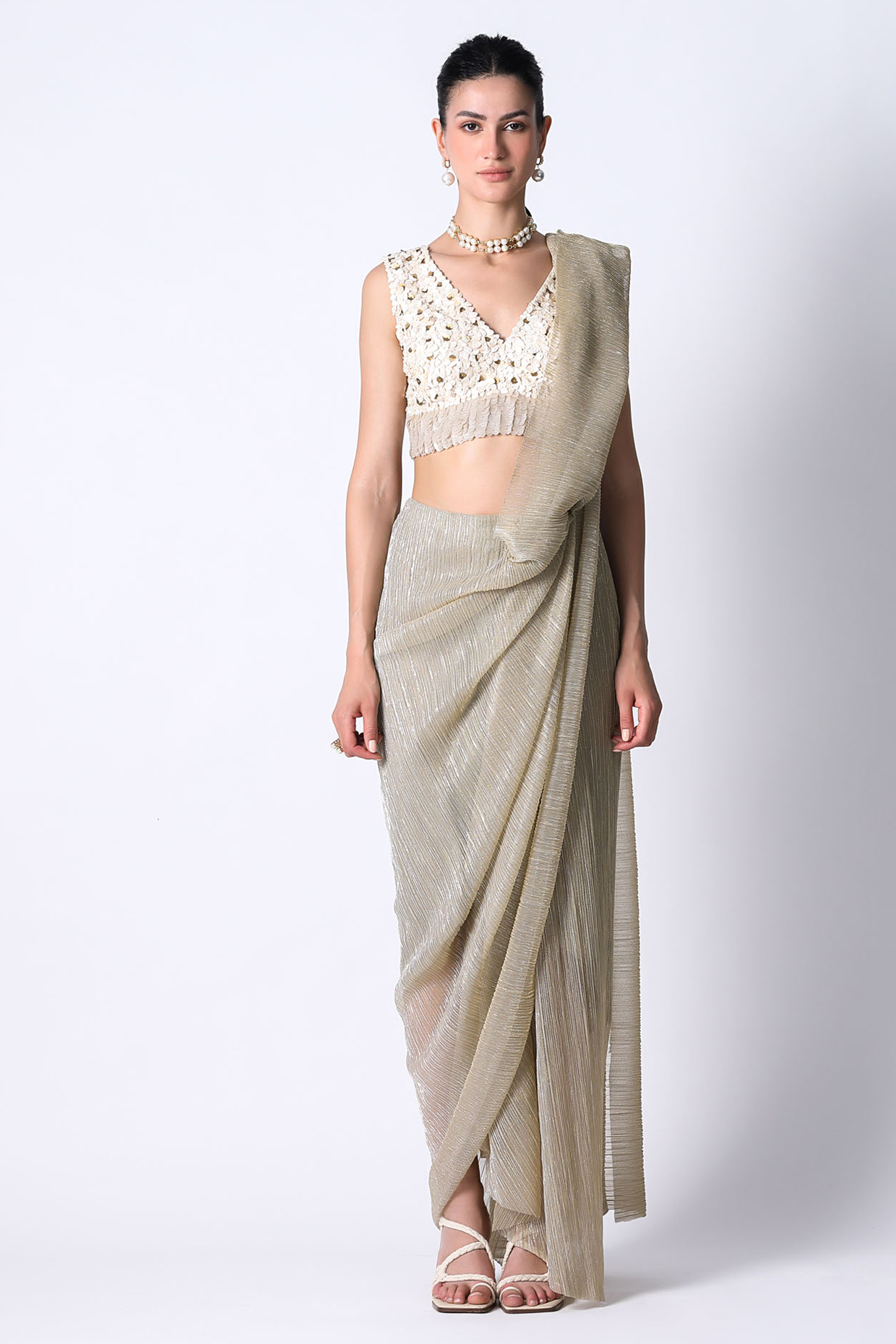 Dull Gold Shimmer Net Party Wear Saree by 431-88 By Shweta Kapur at Pernia's Pop Up Shop