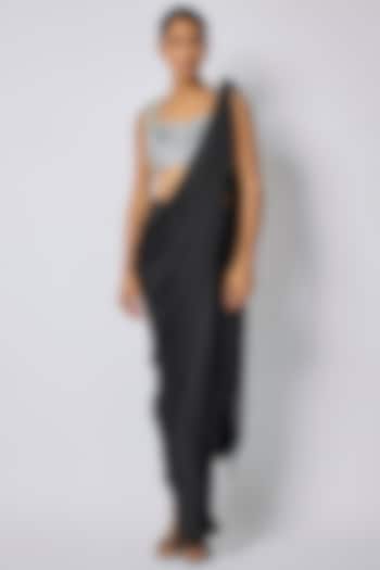 Black Satin Draped Wedding Saree by 431-88 By Shweta Kapur at Pernia's Pop Up Shop