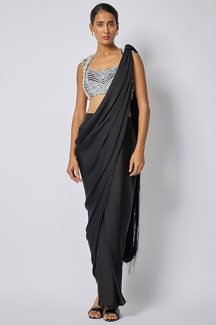 Black Satin Draped Wedding Saree by 431-88 By Shweta Kapur at Pernia's Pop Up Shop