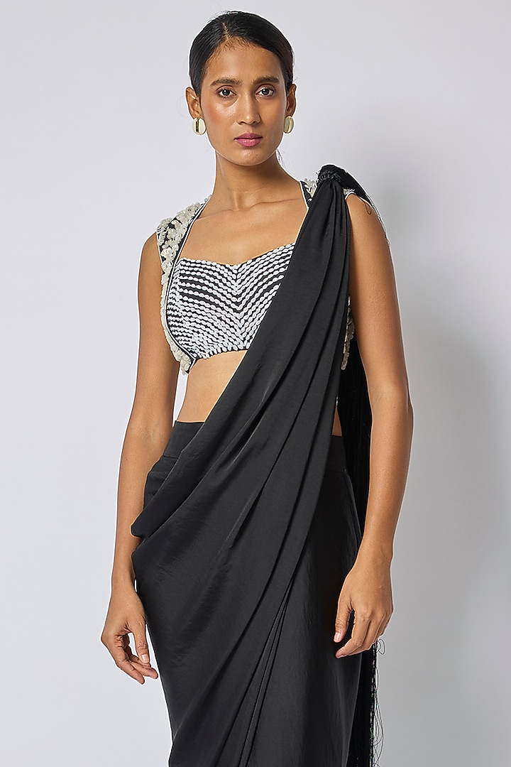 Black Satin Draped Wedding Saree by 431-88 By Shweta Kapur at Pernia's Pop Up Shop
