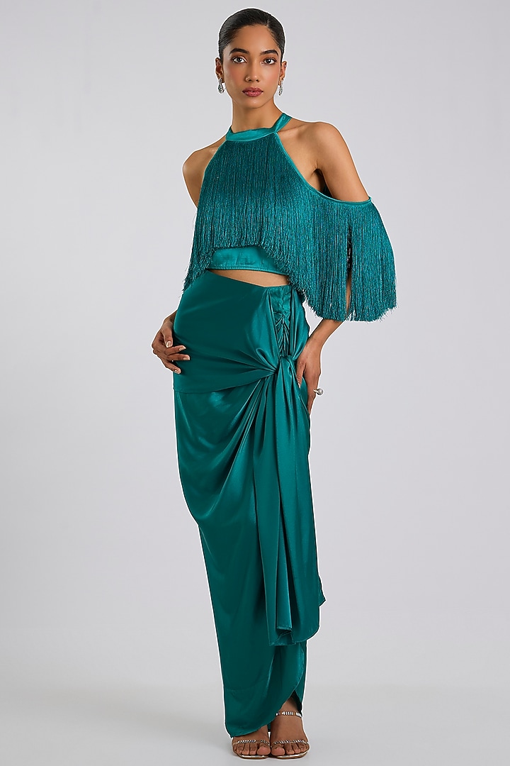Emerald Silk Satin Tie-Up Draped Skirt by 431-88 By Shweta Kapur at Pernia's Pop Up Shop