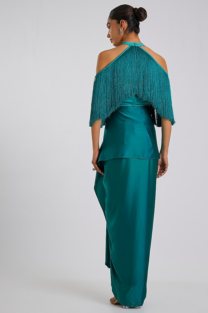 Emerald Silk Satin Tie-Up Draped Skirt by 431-88 By Shweta Kapur at Pernia's Pop Up Shop