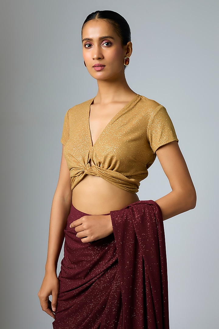 Gold Shimmer Jersey Tie-up Top by 431-88 By Shweta Kapur at Pernia's Pop Up Shop