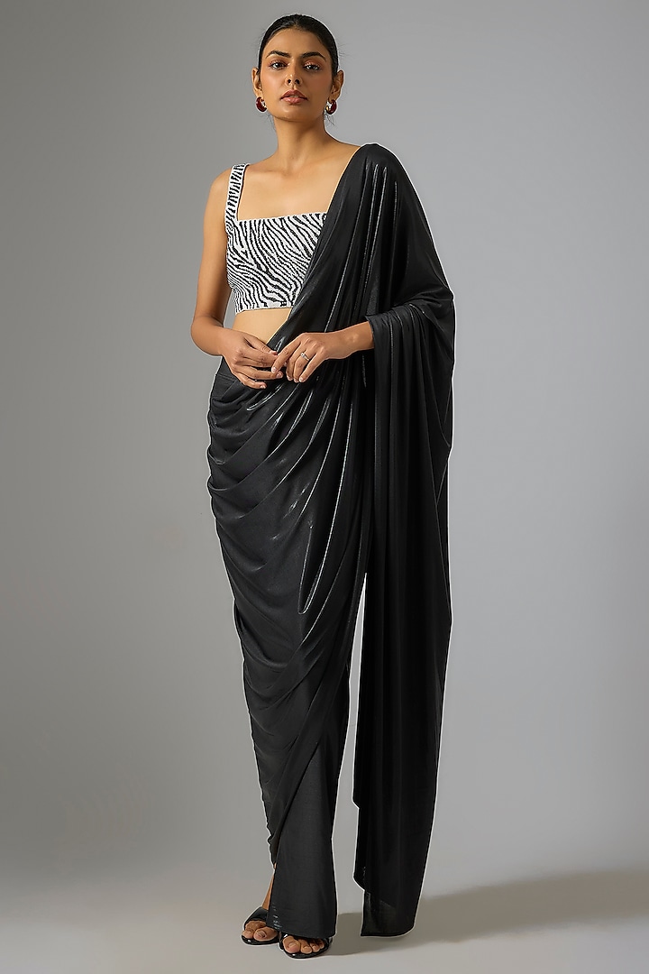 Black Liquid Jersey Beads Hand Embroidered Pre-Draped Wedding Saree by 431-88 By Shweta Kapur at Pernia's Pop Up Shop