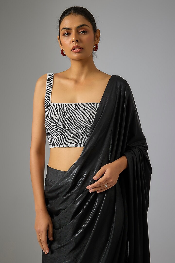 Black Liquid Jersey Beads Hand Embroidered Pre-Draped Wedding Saree by 431-88 By Shweta Kapur at Pernia's Pop Up Shop