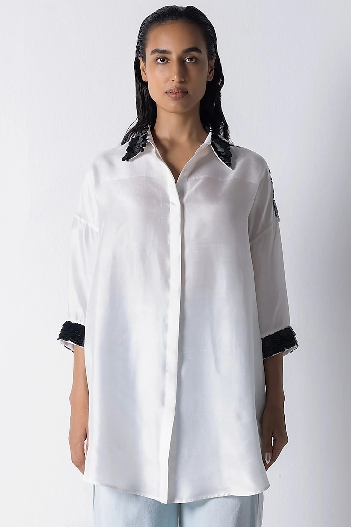 White Silk Sequins Embroidered Shirt by 431-88 By Shweta Kapur at Pernia's Pop Up Shop
