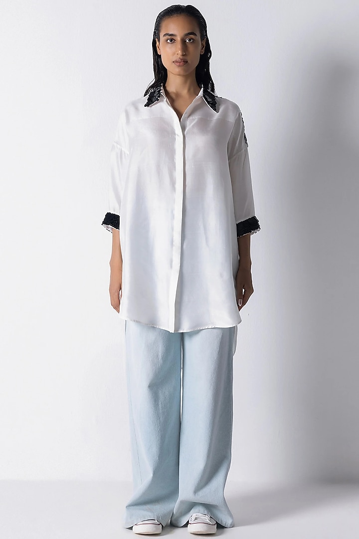 White Silk Sequins Embroidered Shirt by 431-88 By Shweta Kapur at Pernia's Pop Up Shop