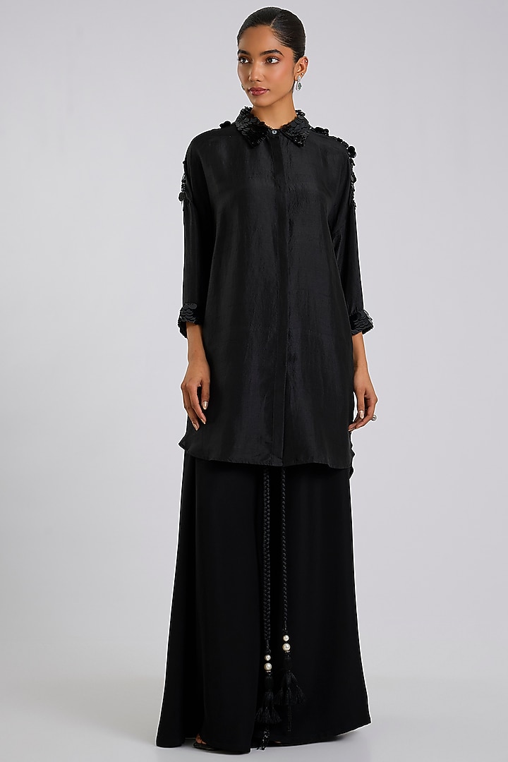 Black Silk Embroidered Shirt by 431-88 By Shweta Kapur at Pernia's Pop Up Shop