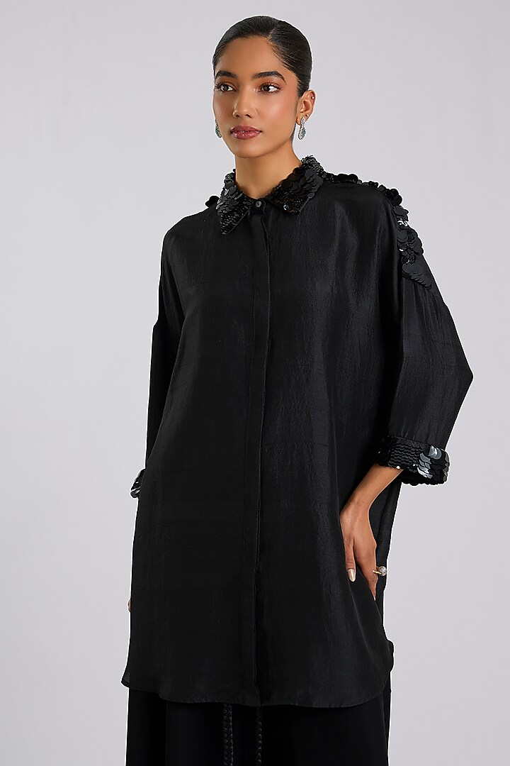 Black Silk Embroidered Shirt by 431-88 By Shweta Kapur at Pernia's Pop Up Shop