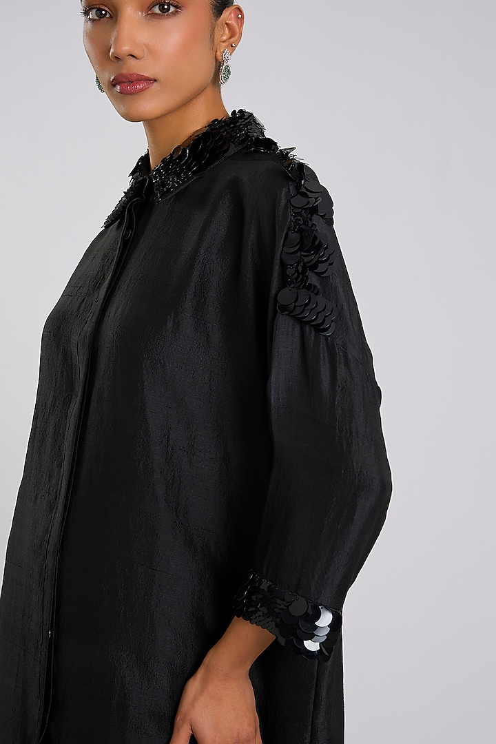 Black Silk Embroidered Shirt by 431-88 By Shweta Kapur at Pernia's Pop Up Shop