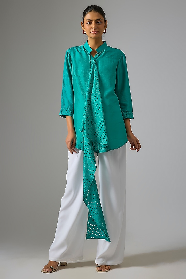 Green Silk Scarf Shirt by 431-88 By Shweta Kapur at Pernia's Pop Up Shop