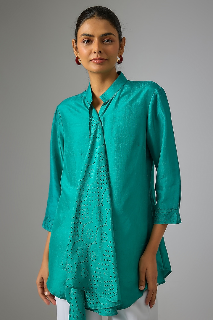 Green Silk Scarf Shirt by 431-88 By Shweta Kapur at Pernia's Pop Up Shop
