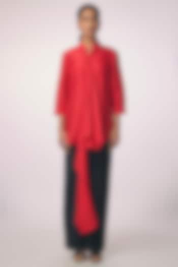 Red Silk Cutwork Scarf Shirt by 431-88 By Shweta Kapur at Pernia's Pop Up Shop