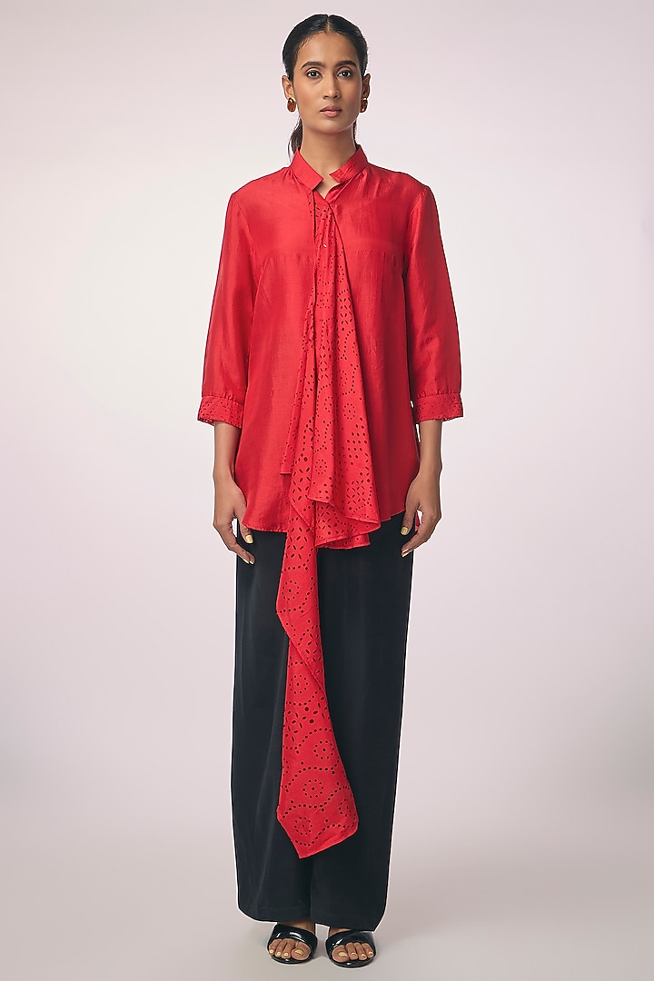 Red Silk Cutwork Scarf Shirt by 431-88 By Shweta Kapur at Pernia's Pop Up Shop