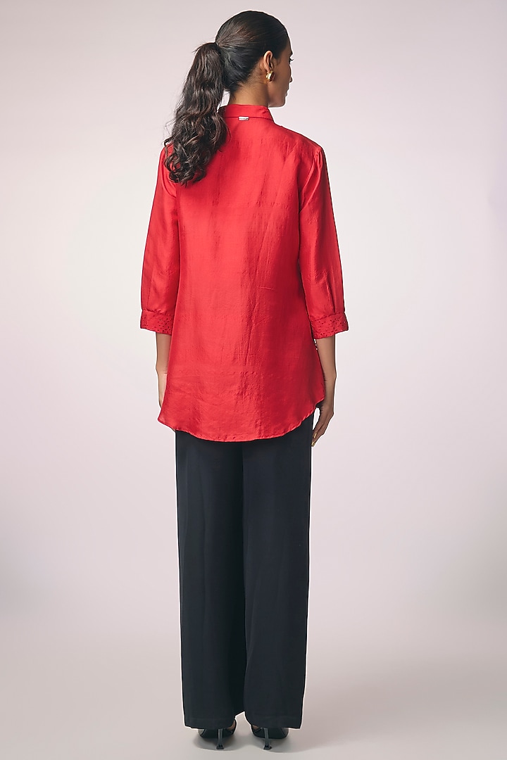 Red Silk Cutwork Scarf Shirt by 431-88 By Shweta Kapur at Pernia's Pop Up Shop