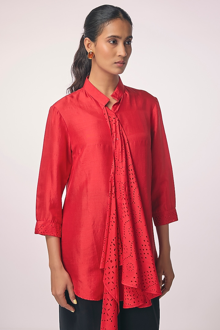 Red Silk Cutwork Scarf Shirt by 431-88 By Shweta Kapur at Pernia's Pop Up Shop