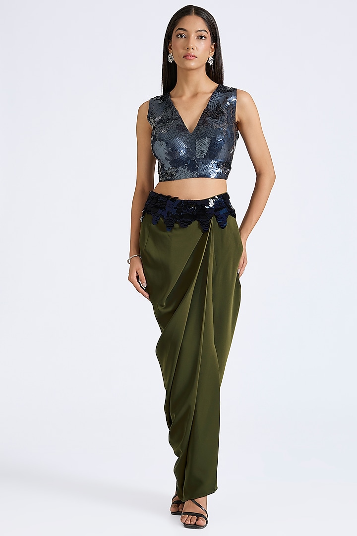 Olive Micropoly Embroidered Skirt by 431-88 By Shweta Kapur at Pernia's Pop Up Shop
