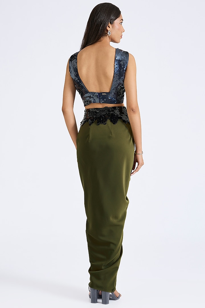 Olive Micropoly Embroidered Skirt by 431-88 By Shweta Kapur at Pernia's Pop Up Shop