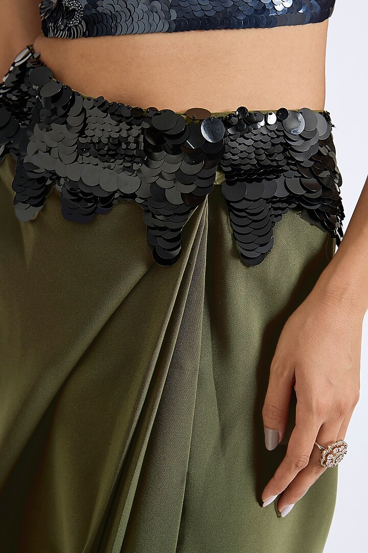 Olive Micropoly Embroidered Skirt by 431-88 By Shweta Kapur at Pernia's Pop Up Shop