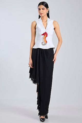 Black Micropoly Asymmetric Midi Skirt by 431-88 By Shweta Kapur