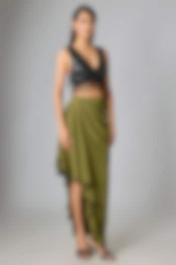 Olive Micropoly Asymmetric Midi Skirt by 431-88 By Shweta Kapur at Pernia's Pop Up Shop