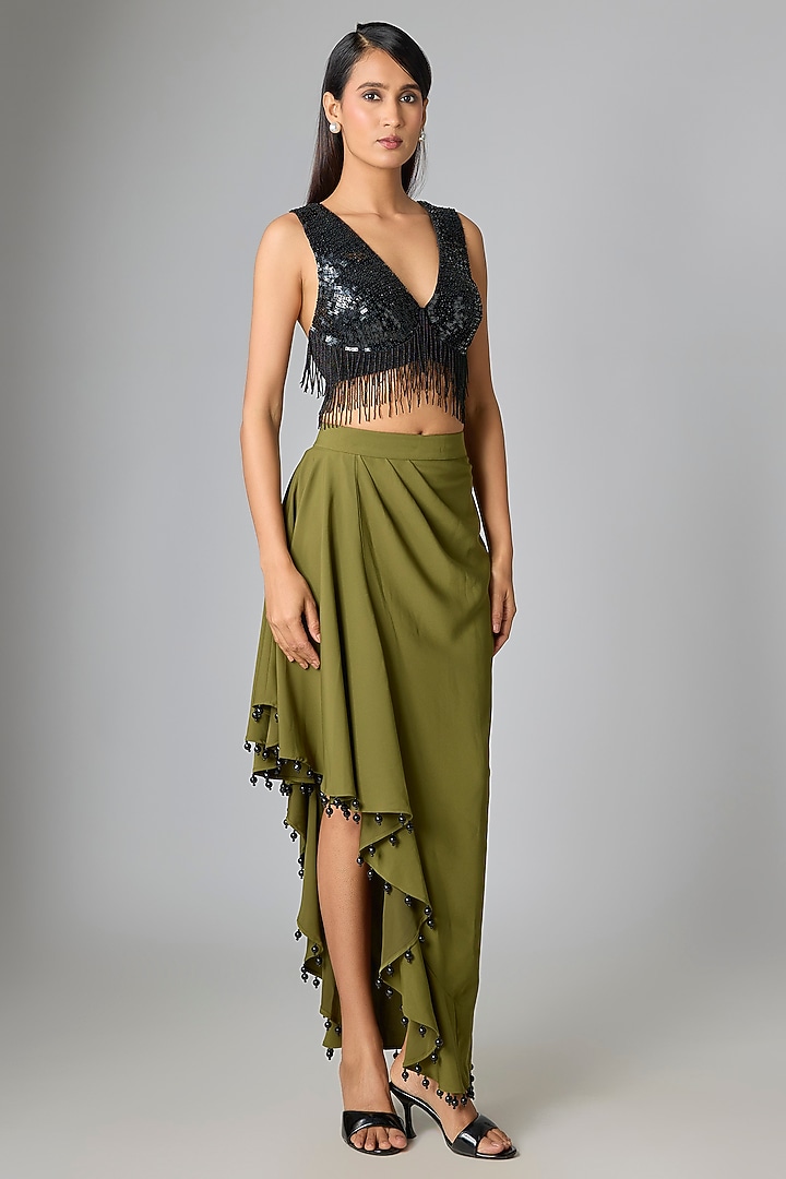 Olive Micropoly Asymmetric Midi Skirt by 431-88 By Shweta Kapur at Pernia's Pop Up Shop