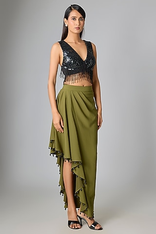 Olive Micropoly Asymmetric Midi Skirt by 431-88 By Shweta Kapur