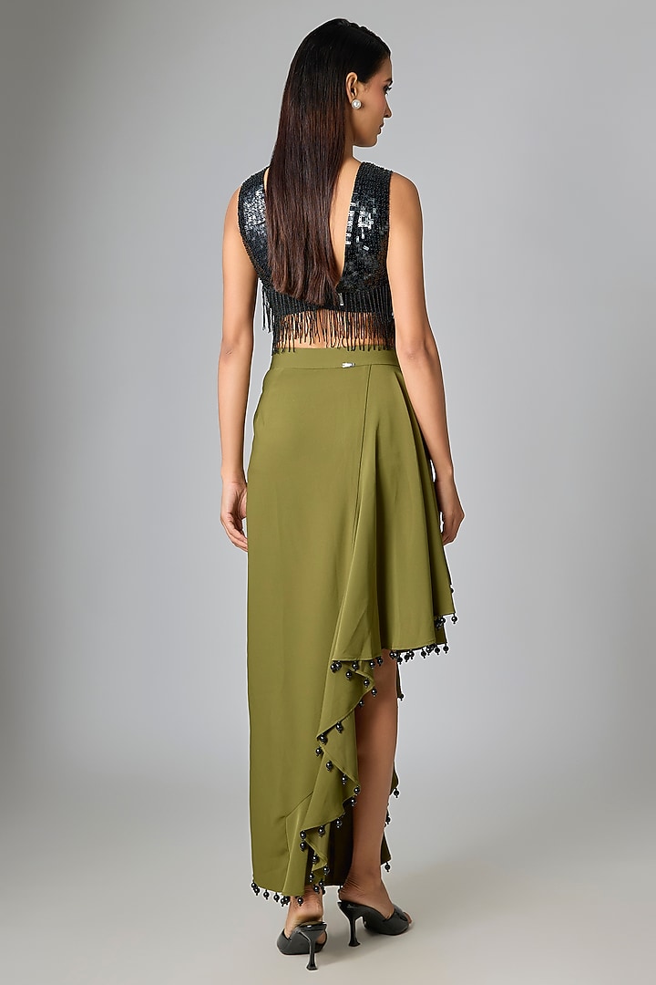 Olive Micropoly Asymmetric Midi Skirt by 431-88 By Shweta Kapur at Pernia's Pop Up Shop